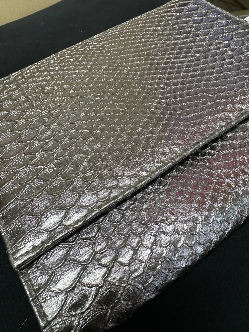 Neiman Marcus Iridescent Pewter Snake-Embossed Wristlet Clutch
